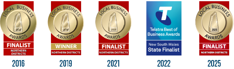 Local Business Awards – Winner 2019, Finalist 2016, 2021, 2025 // Telstra Business Awards NSW State Finalist 2022